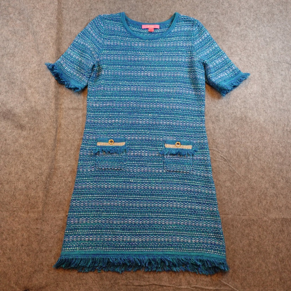 Lilly Pulitzer Dress Women Medium Blue Beckington Sweater Tweed Short Sleeve